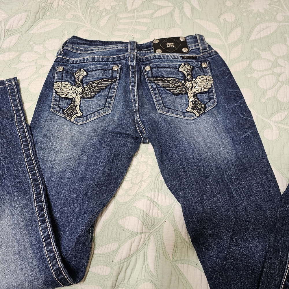 Miss Me Blue Boot Cut Jeans with Rhinestone Embellishments